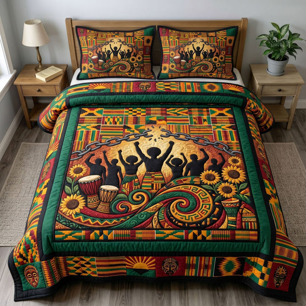 Juneteenth Soul quilted 3-piece bedding set on a made bed in a warmly lit bedroom