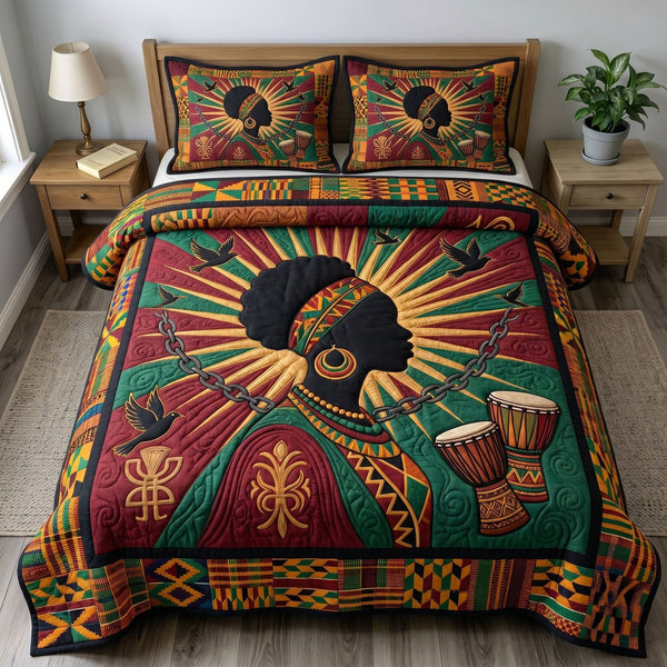 Juneteenth Soul quilted 3-piece bedding set on a made bed in a warmly lit bedroom