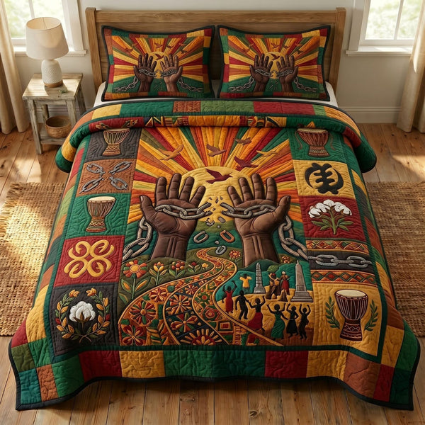 Juneteenth Soul quilted 3-piece bedding set on a made bed in a warmly lit bedroom