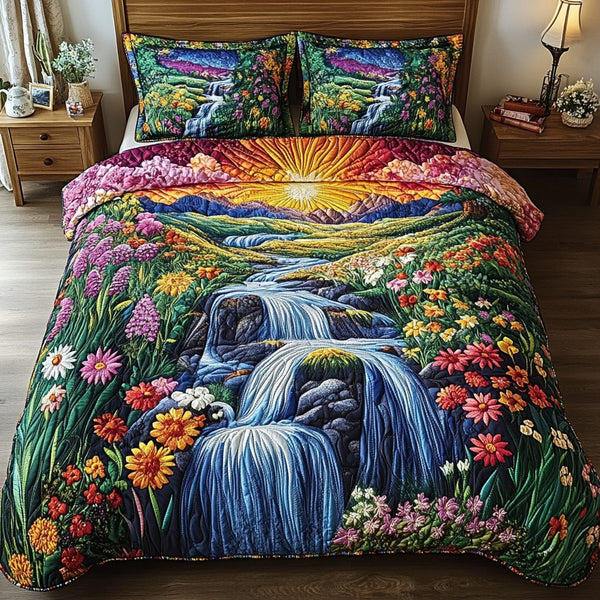 Jungle Dream quilted 3-piece bedding set on a made bed with two matching pillow shams