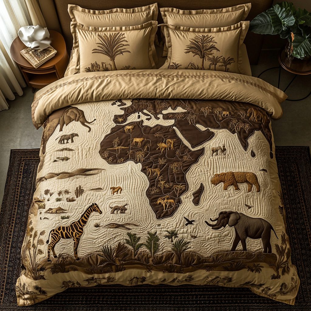 Jungle Embrace quilted 3-piece bedding set on a made bed with two matching pillow shams