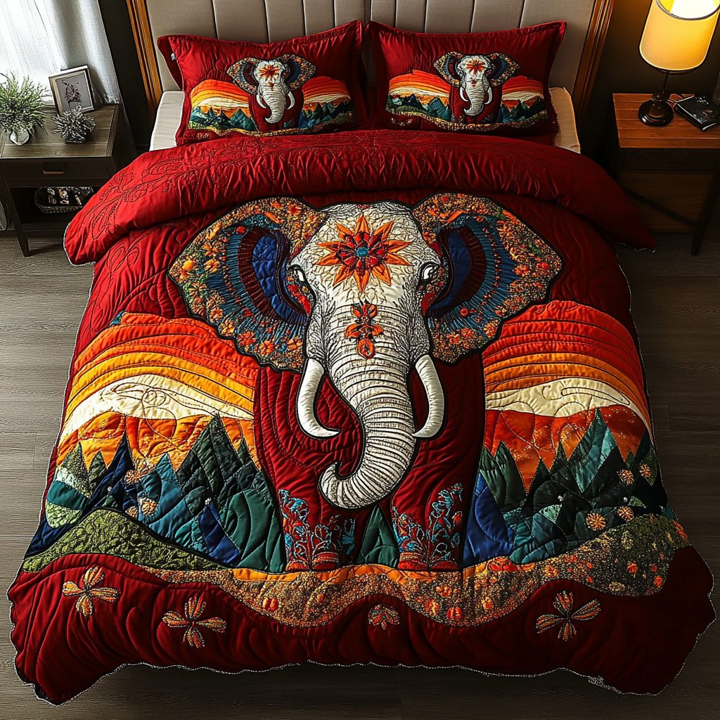 Jungle Giant quilted 3-piece bedding set on a made bed with two matching pillow shams