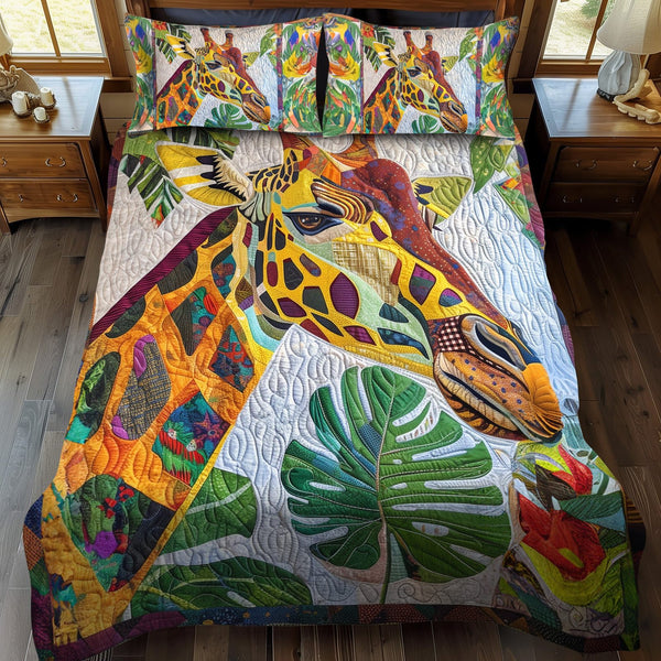 Jungle Giraffe quilted 3-piece bedding set on a made bed with two matching pillow shams