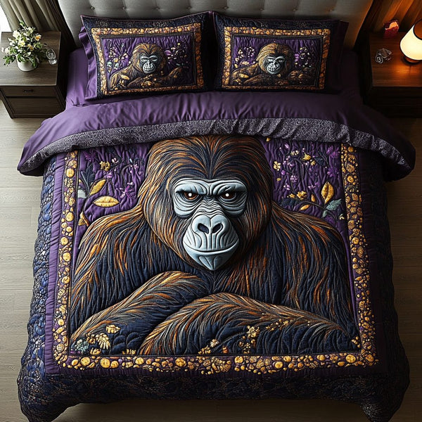 Jungle Gorilla quilted 3-piece bedding set on a made bed with two matching pillow shams