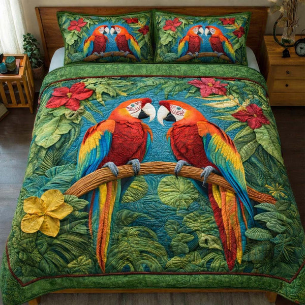 Jungle Lovers quilted 3-piece bedding set on a made bed with two matching pillow shams