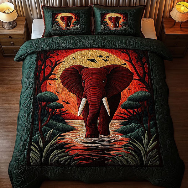 Jungle Majesty quilted 3-piece bedding set on a made bed with two matching pillow shams
