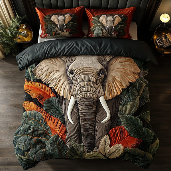 Jungle Majesty quilted 3-piece bedding set on a made bed with two matching pillow shams