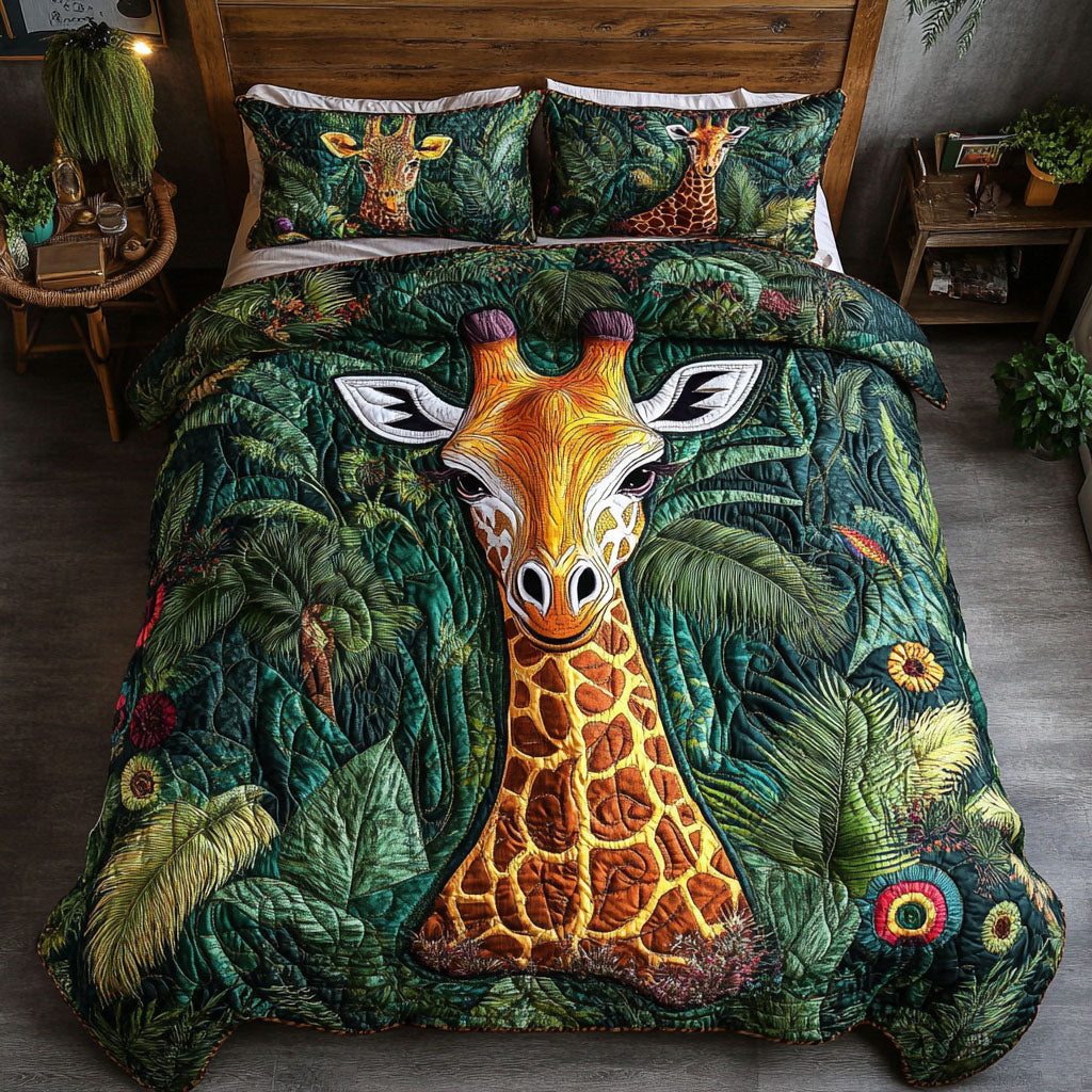 Jungle Majesty quilted 3-piece bedding set on a made bed with two matching pillow shams
