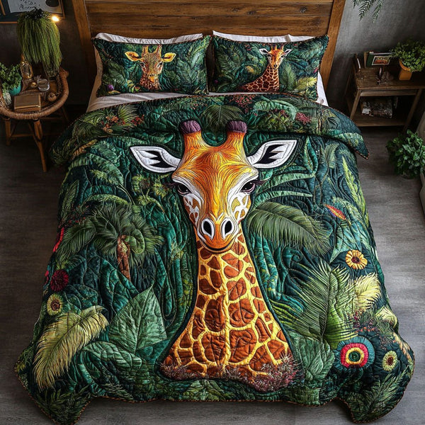 Jungle Majesty quilted 3-piece bedding set on a made bed with two matching pillow shams