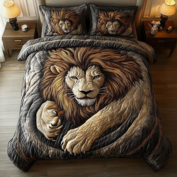 Jungle Majesty quilted 3-piece bedding set on a made bed with two matching pillow shams