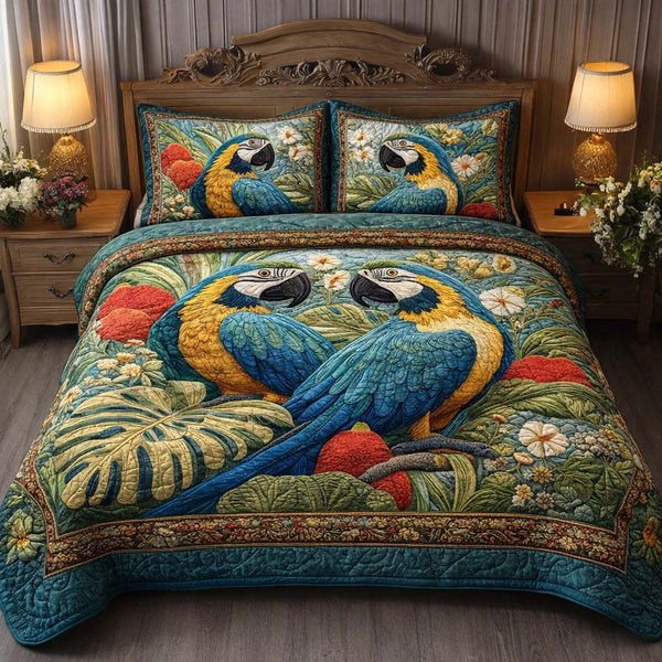 Jungle Pair quilted 3-piece bedding set on a made bed with two matching pillow shams