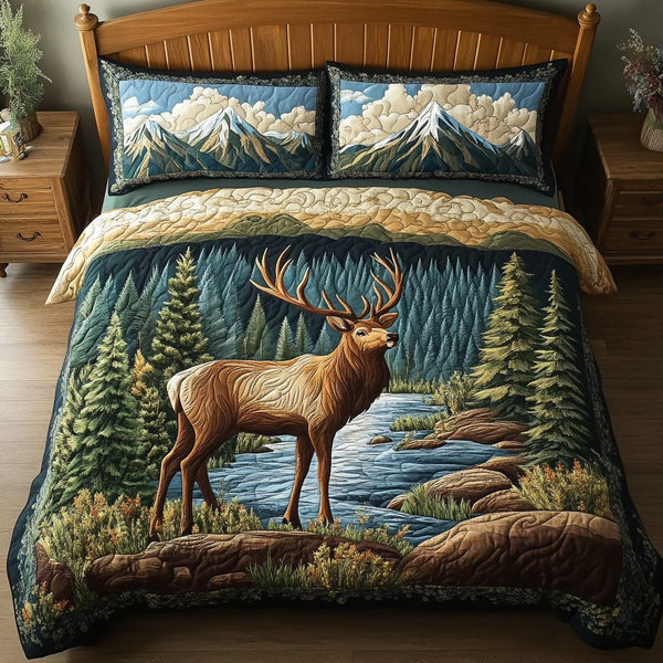 Jungle Peace quilted 3-piece bedding set on a made bed with two matching pillow shams