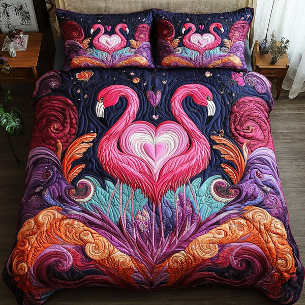 Jungle Pink quilted 3-piece bedding set on a made bed with two matching pillow shams