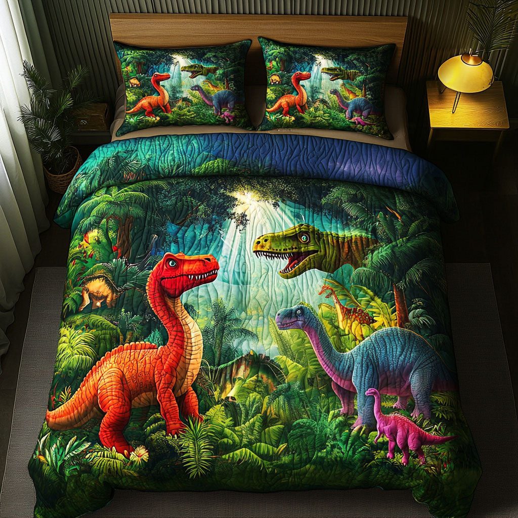 Jungle Roar quilted 3-piece bedding set on a made bed with two matching pillow shams