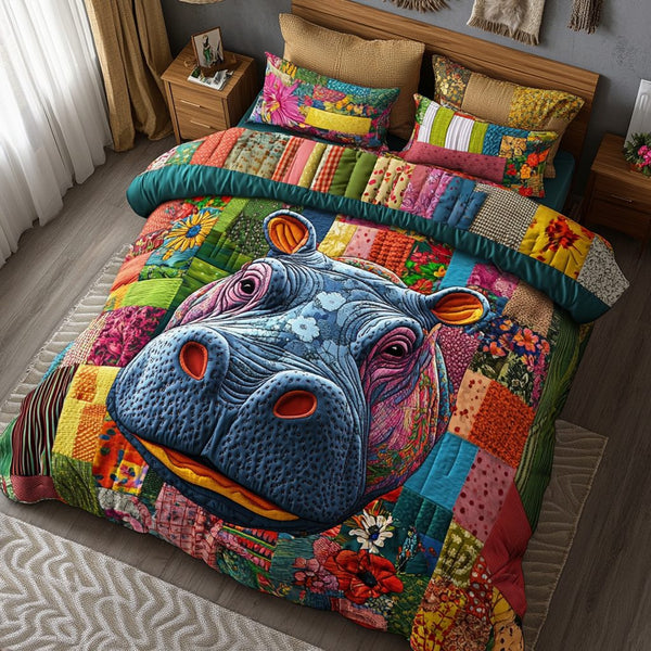 Jungle Snooze quilted 3-piece bedding set on a made bed with two matching pillow shams
