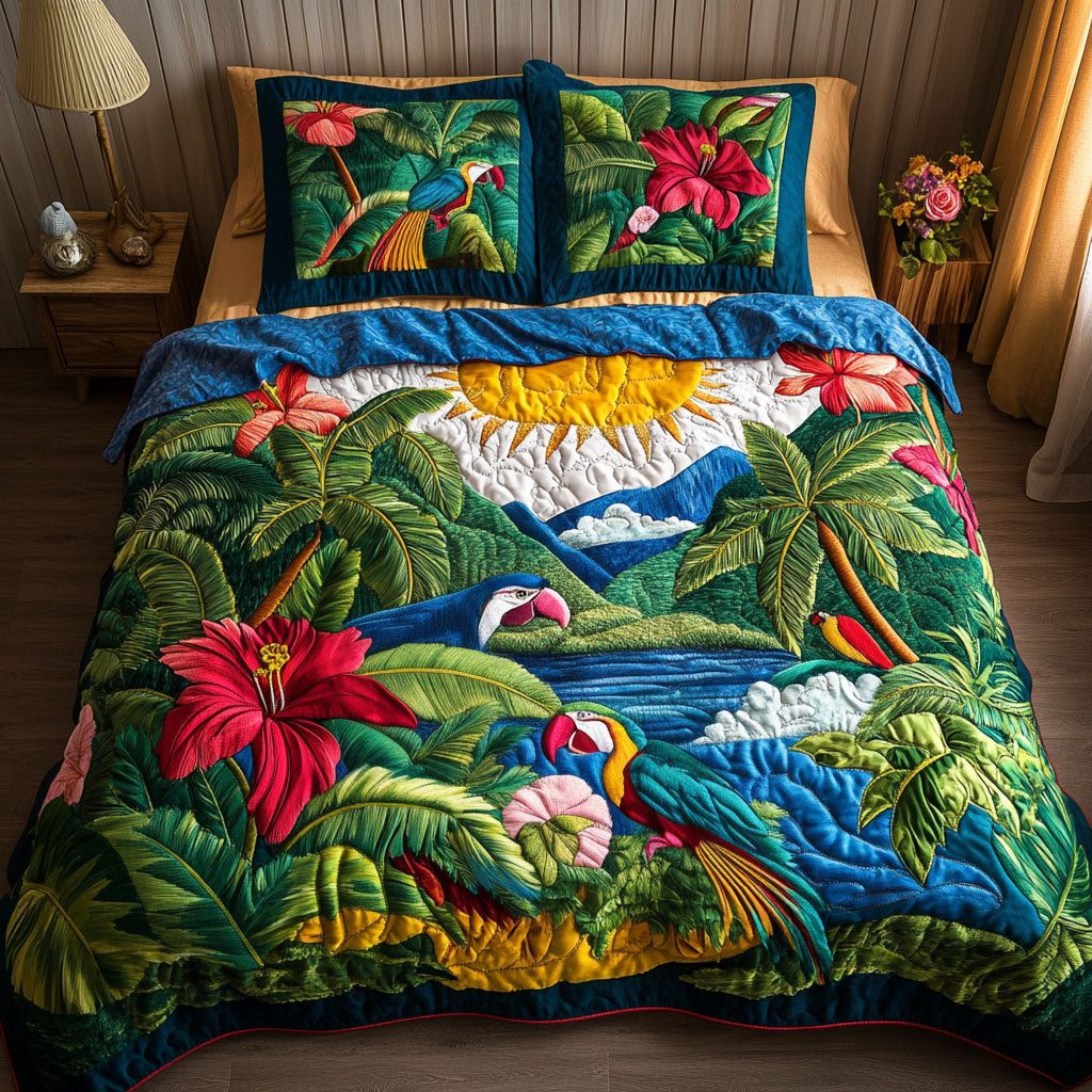 Jungle Sunrise quilted 3-piece bedding set on a made bed with two matching pillow shams