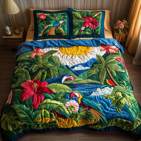 Jungle Sunrise quilted 3-piece bedding set on a made bed with two matching pillow shams