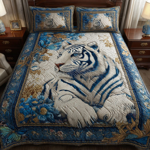 Jungle Tiger quilted 3-piece bedding set on a made bed with two matching pillow shams