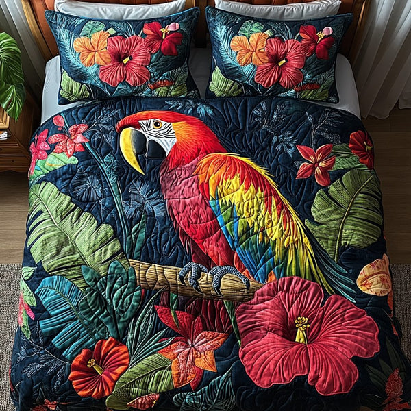 Jungle Whispers quilted 3-piece bedding set on a made bed with two matching pillow shams