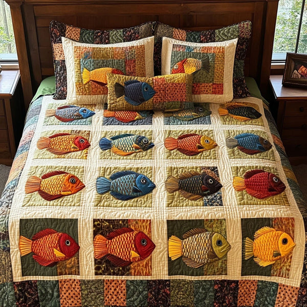 Junior Angler quilted 3-piece bedding set on a made bed with two matching pillow shams