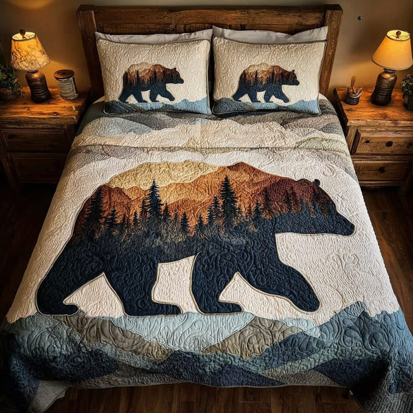 Juniper Bear Shadow quilted 3-piece bedding set on a made bed with two matching pillow shams