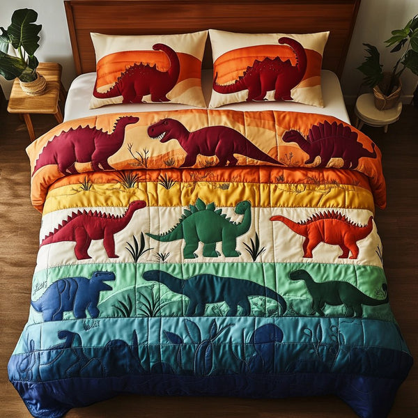 Jurassic Fun quilted 3-piece bedding set on a made bed with two matching pillow shams