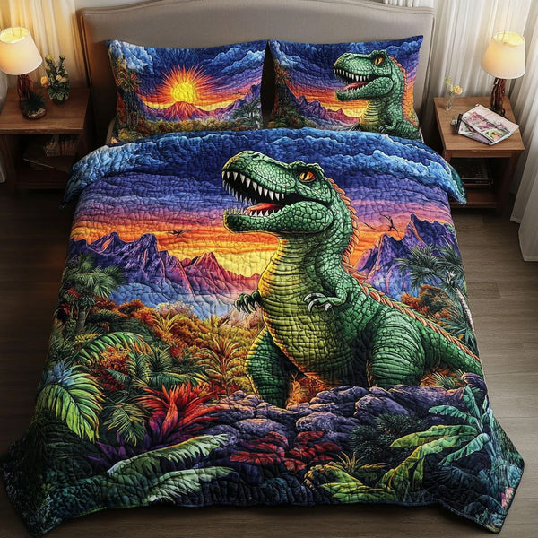 Jurassic Majesty quilted 3-piece bedding set on a made bed with two matching pillow shams