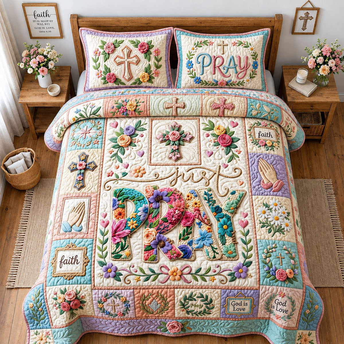 Just Pray Crochet quilted 3-piece bedding set on a made bed in a softly lit bedroom