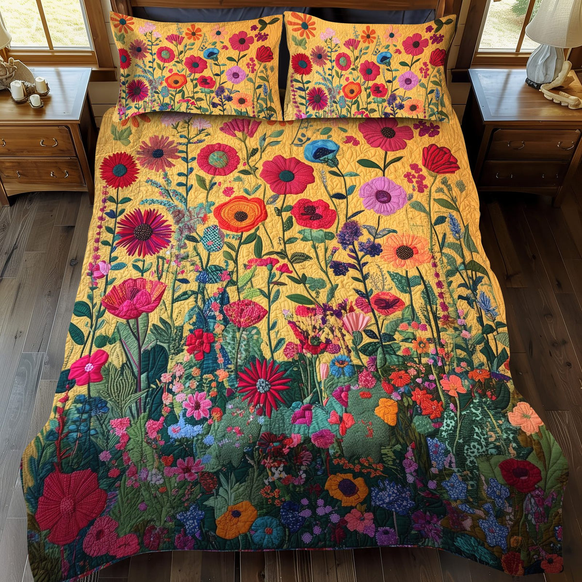 Kaleidoscopic Flowers quilted 3-piece bedding set on a made bed with two matching pillow shams