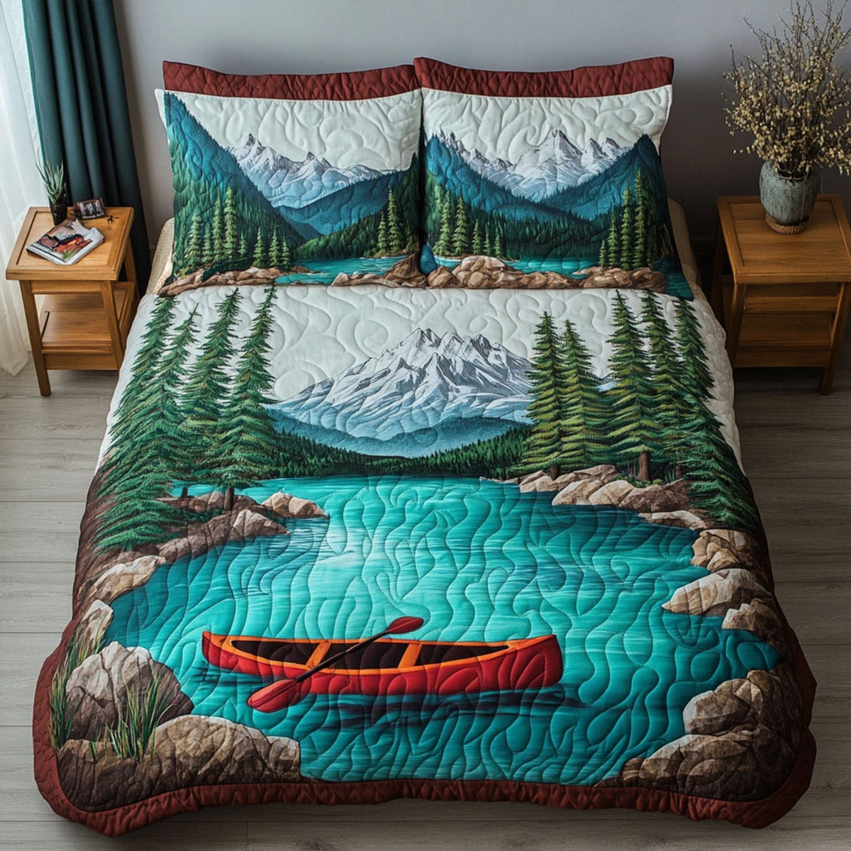 Kayak Adventure quilted 3-piece bedding set on a made bed in a winter-styled bedroom