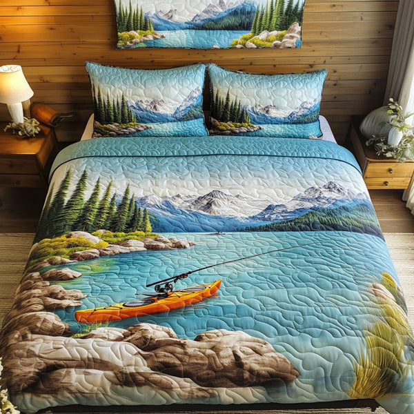 Kayak Dreams quilted 3-piece bedding set on a made bed with two matching pillow shams