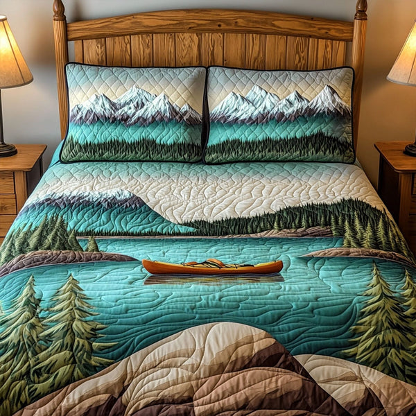 Kayaking Dreams quilted 3-piece bedding set on a made bed with two matching pillow shams