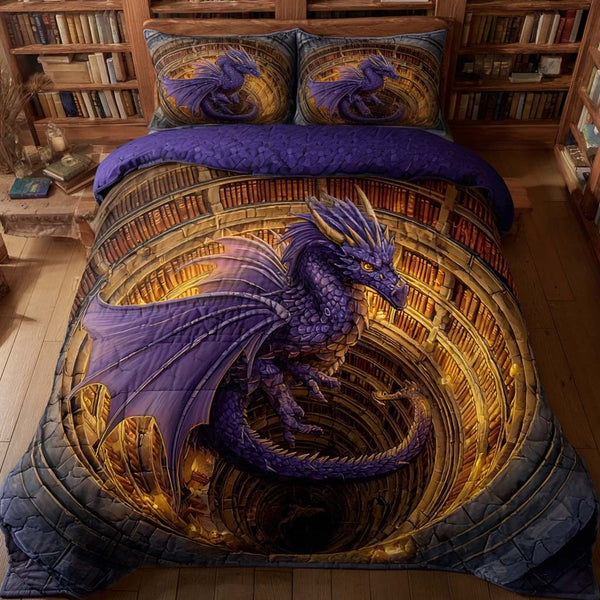 Keeper of Tomes quilted 3-piece bedding set on a made bed with two matching pillow shams