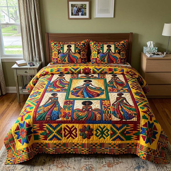 Kente Royal Harmony quilted 3-piece bedding set on a made bed with two matching pillow shams