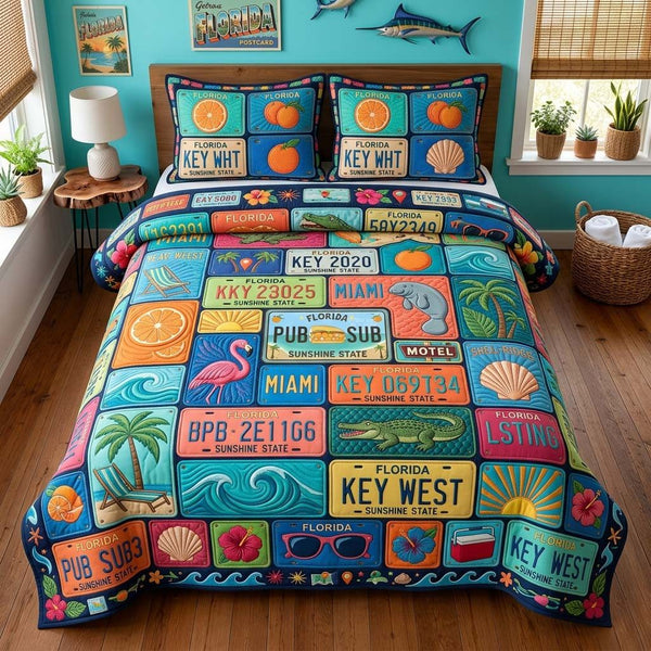 Key West Plates quilted 3-piece bedding set on a made bed with two matching pillow shams