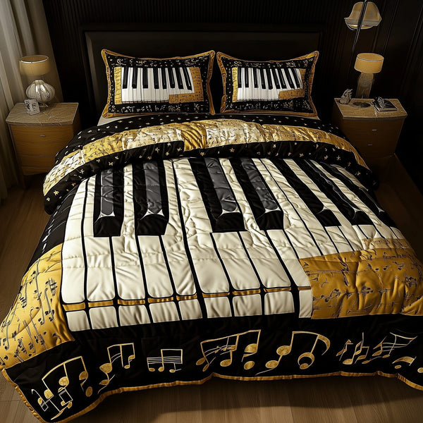 Keyboard quilted 3-piece bedding set on a made bed with two matching pillow shams