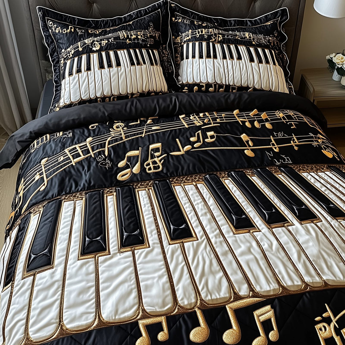 Keyboard quilted 3-piece bedding set on a made bed with two matching pillow shams