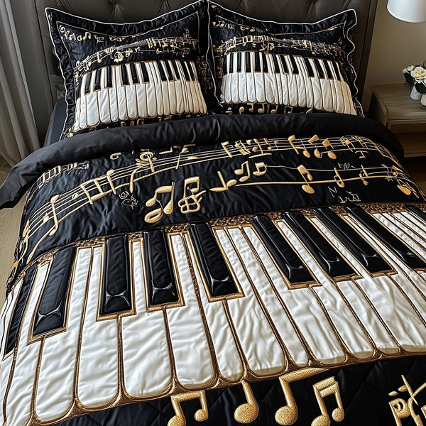Keyboard quilted 3-piece bedding set on a made bed with two matching pillow shams