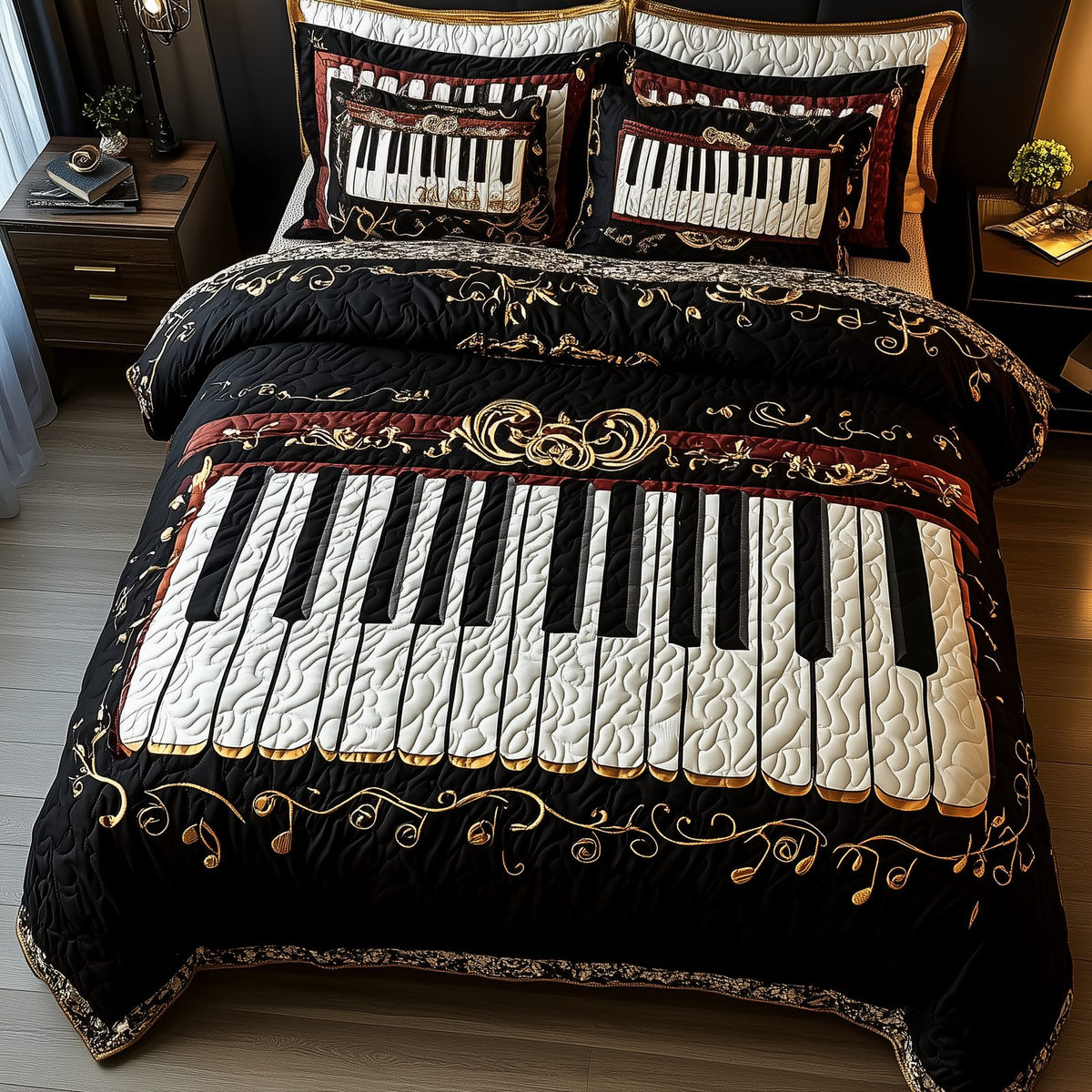 Keyboard quilted 3-piece bedding set on a made bed with two matching pillow shams
