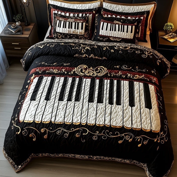 Keyboard quilted 3-piece bedding set on a made bed with two matching pillow shams