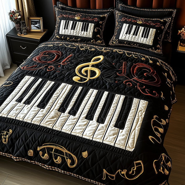 Keyboard quilted 3-piece bedding set on a made bed with two matching pillow shams
