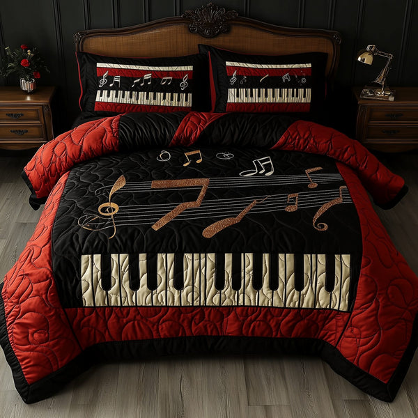 Keyboard quilted 3-piece bedding set on a made bed with two matching pillow shams