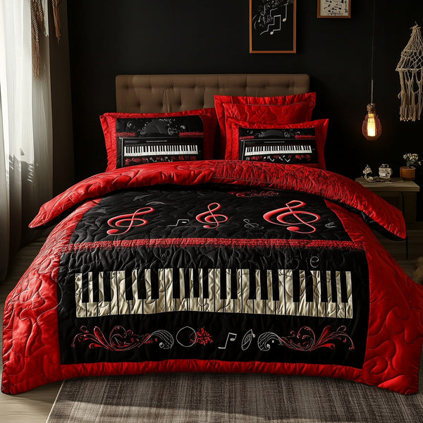 Keyboard quilted 3-piece bedding set on a made bed with two matching pillow shams