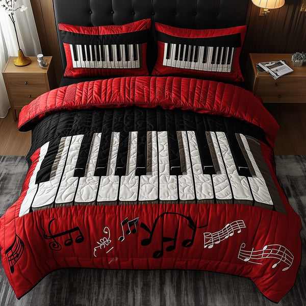 Keyboard quilted 3-piece bedding set on a made bed with two matching pillow shams