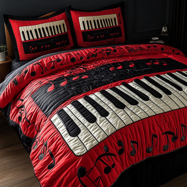 Keyboard quilted 3-piece bedding set on a made bed with two matching pillow shams