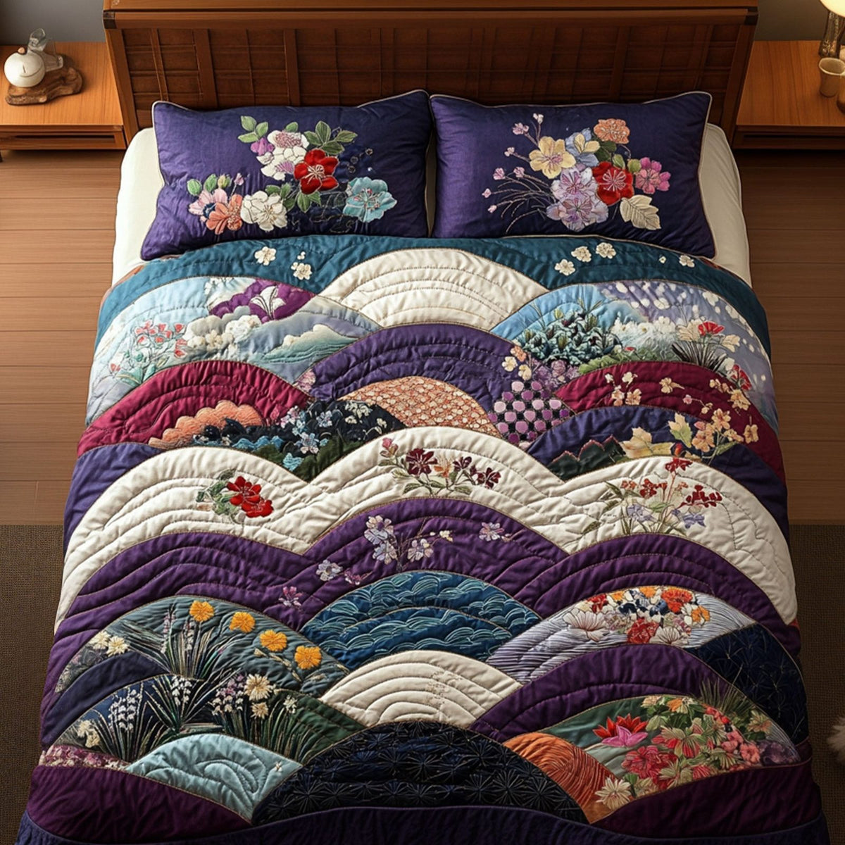 Kimonos in Bloom quilted 3-piece bedding set on a made bed with two matching pillow shams