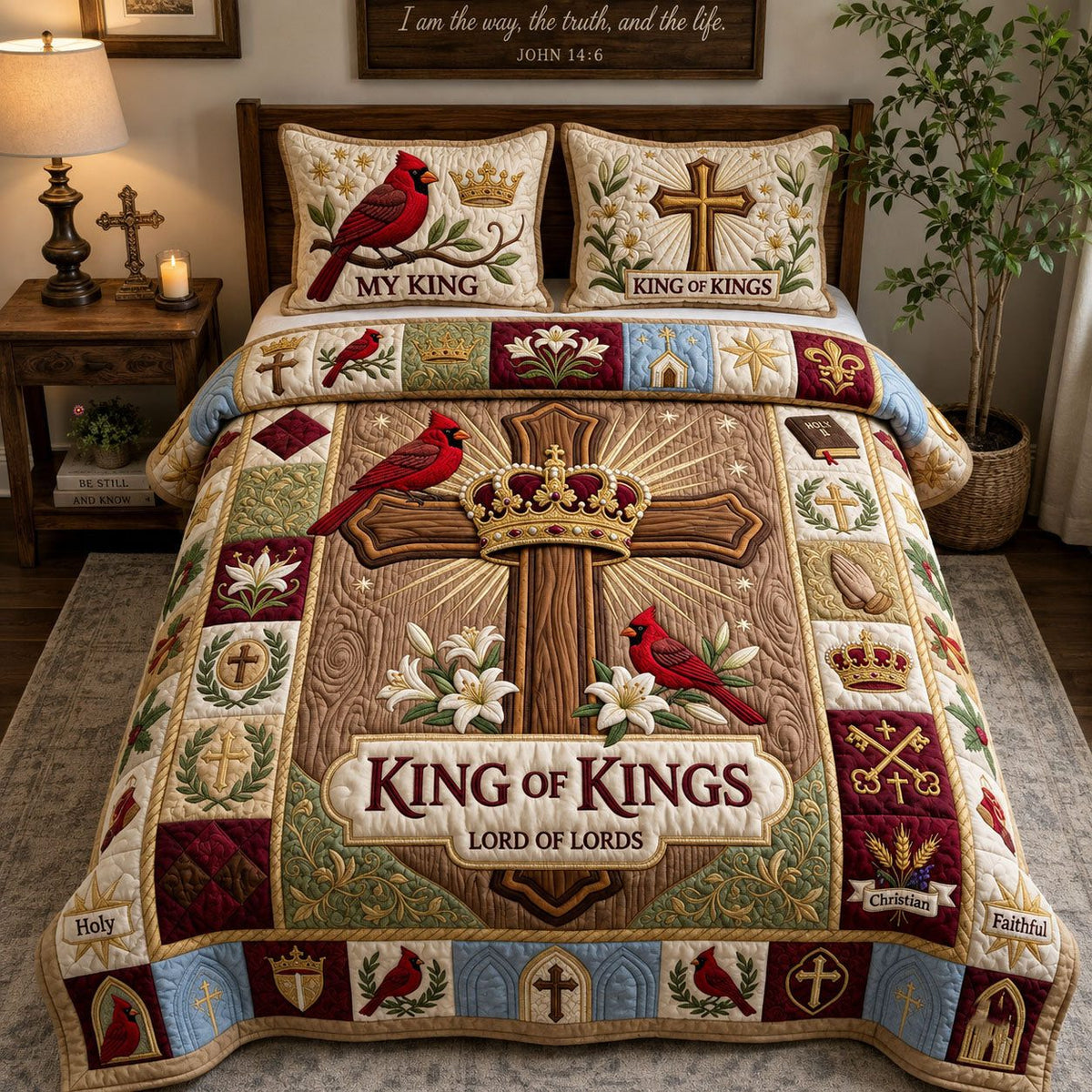 King of Kings quilted 3-piece bedding set on a made bed with two matching pillow shams