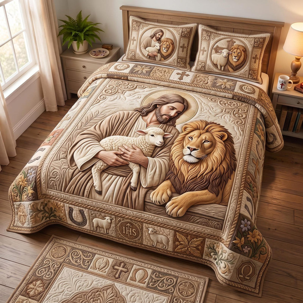 Kingdom Peace quilted 3-piece bedding set on a made bed with two matching pillow shams