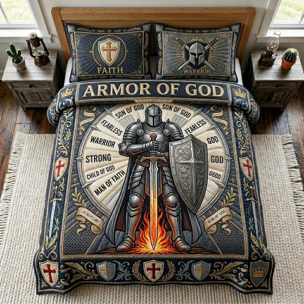 Kingdom Warrior quilted 3-piece bedding set on a made bed with two matching pillow shams