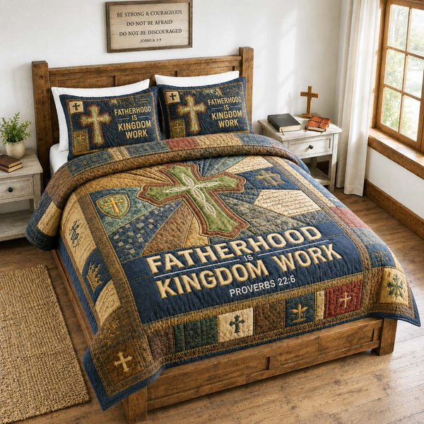 Kingdom Work Fatherhood quilted 3-piece bedding set on a made bed with two matching pillow shams